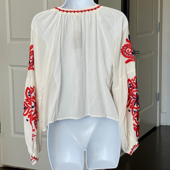 White / Red Embroidered Bohemian Smock Top with Tassel - Picture 4 of 6